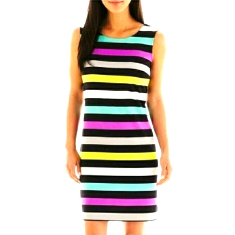 BRAND NEW MULTI-COLOR STRIPED SHEATH SLEEVELESS SHORT DRESS